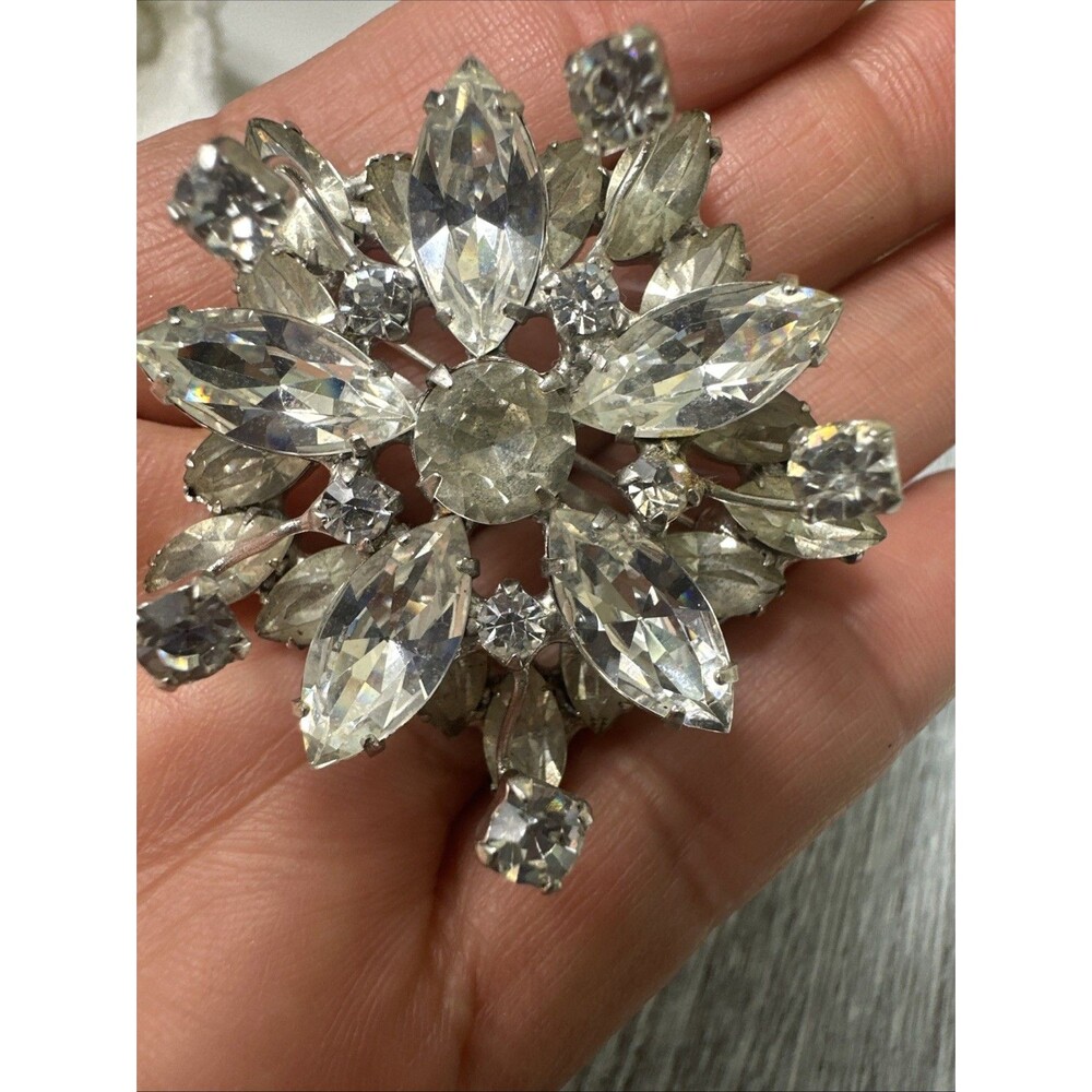 Vintage Clear Rhinestone Brooch Double Layer Crystal & Silver Tone Super Shiny